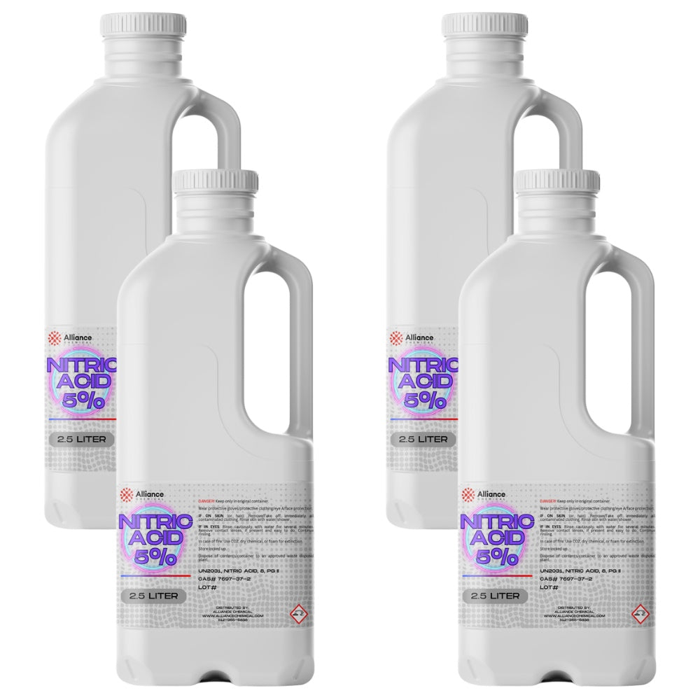 2.5-liter white HDPE bottles of 5% Nitric Acid by Alliance Chemical, featuring corrosive hazard symbol and safety labeling, dual-bottle packaging.